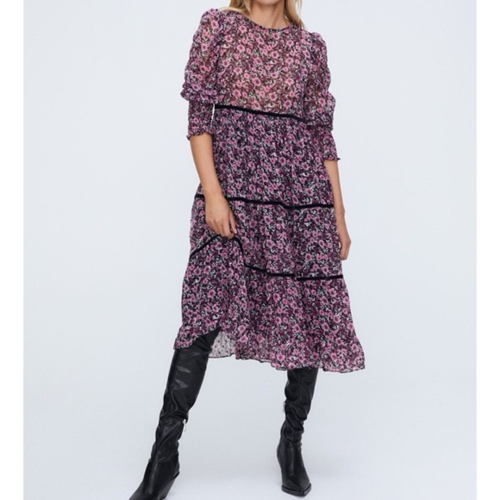 Zara Floral Tiered Midi Dress Velvet Trim Pink Black - sz M 6 8 10 - NWT